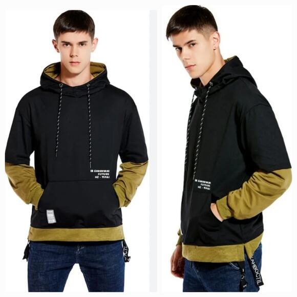 GURUNVANI Contrast Color Pullover Hoodie Olive Green & Black sz large - Picture 1 of 13